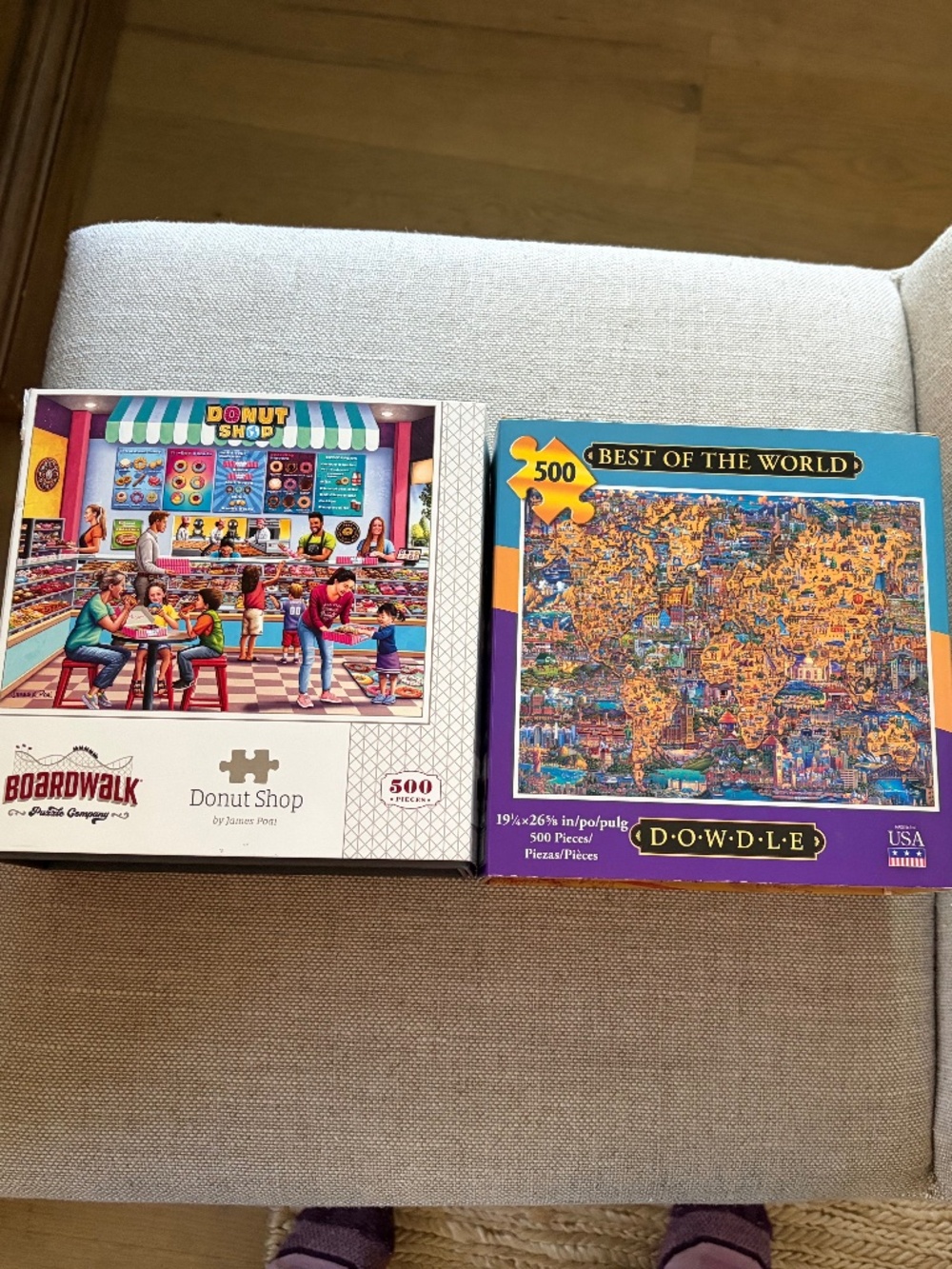 TWO PUZZLES 500 PIECES BOARDWALK DONUT SHOP & WORLD DOWDLE USA SET 2